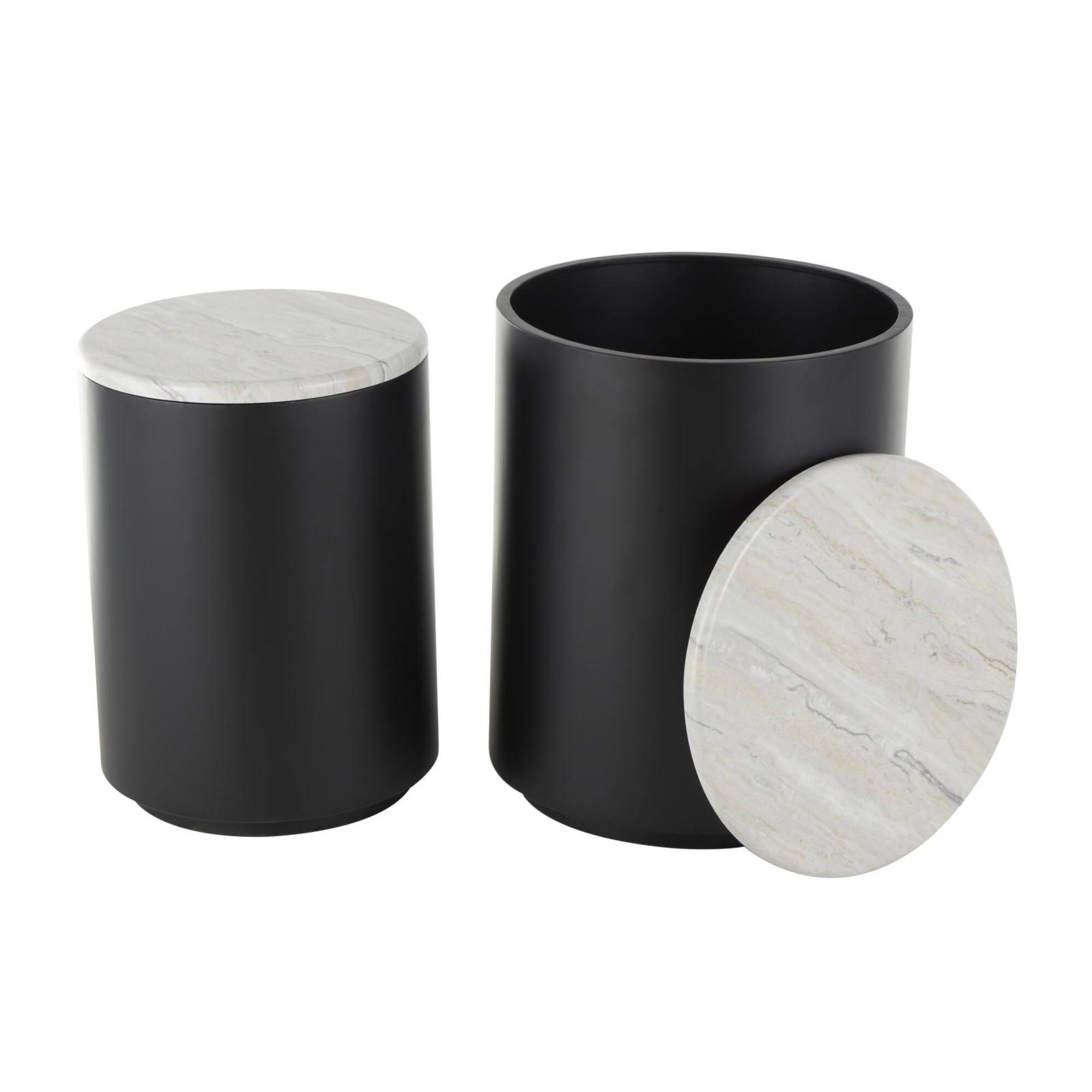 Black Metal Nesting Accent Table with Faux White Marble Top Set